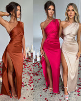 Women's Sexy One Shoulder Satin High Split Cocktail Fit Wedding Party Maxi Formal Dress